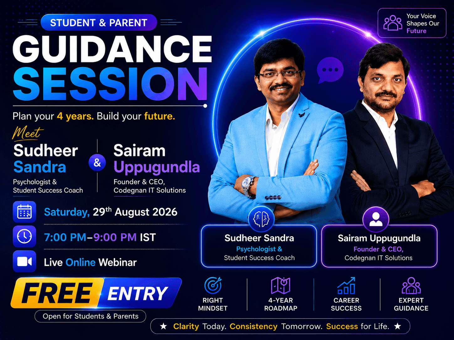 Free Live Online Webinar with Sudheer Sandra and Sairam Uppugundla on Saturday, 29th August 2026, from 7:00 PM to 9:00 PM IST